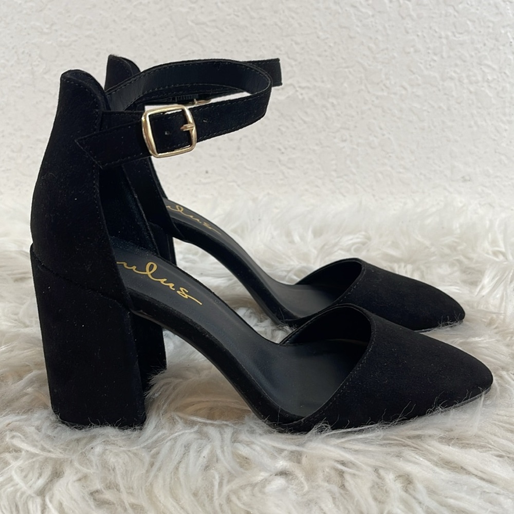 LULUS Ellarose Black Suede Ankle Strap Chunky Heels Size 5 NEW - Picture 5 of 15